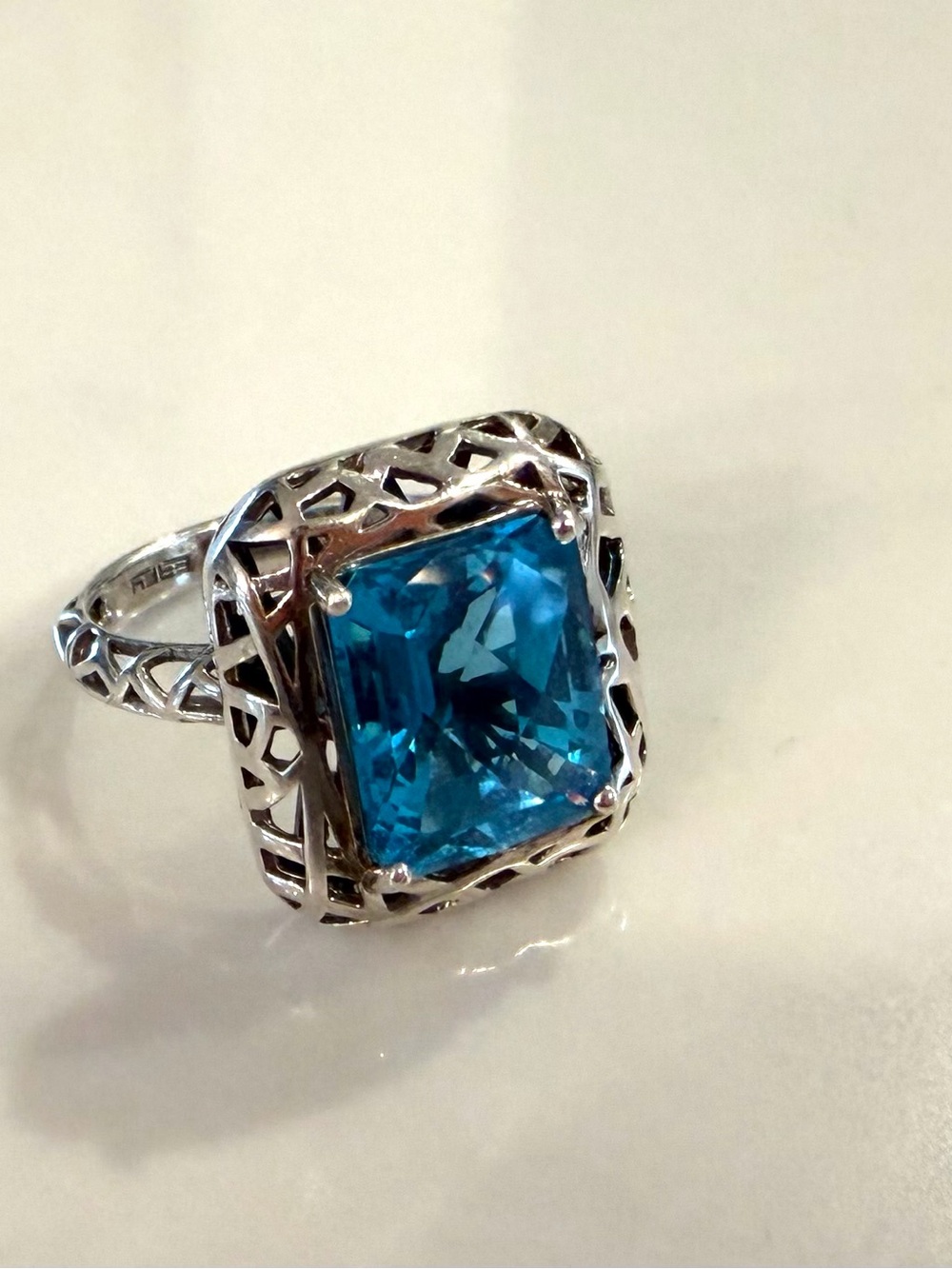 EFFY•blue topaz square cushion cut faceted stone 925 sterling silver ring 7